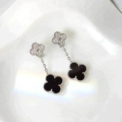 [Mystic Crown]CLOVER 2 MOTIFS  DIAMOND ONYX EARRINGS SILVER