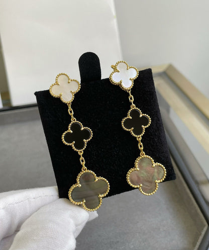 [Mystic Crown]CLOVER 3 MOTIF MOP ONYX DARK MOP PINK GOLD EARRINGS
