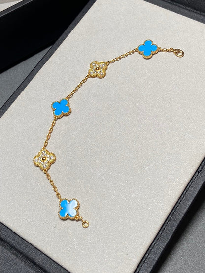 [Mystic Crown]CLOVER 5 MOTIF BLUE CHALCEDONY DIAMOND GOLD BRACELET