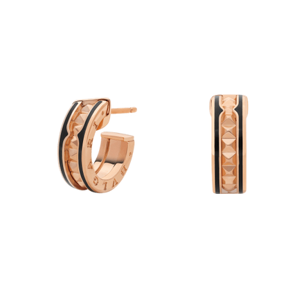 [Mystic Crown]ZERO 1 ROCK PINK GOLD EARRINGS WITH STUDDED SPIRAL AND BLACK CERAMIC
