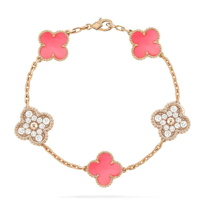 [Mystic Crown]CLOVER 5 MOTIF DIAMOND PINK MOP PINK GOLD BRACELET