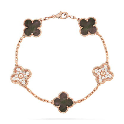 [Mystic Crown]CLOVER 5 MOTIFS DARK MOP AND DIAMONDS PINK GOLD BRACELET