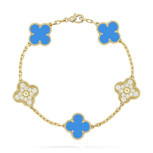 [Mystic Crown]CLOVER 5 MOTIF BLUE CHALCEDONY DIAMOND GOLD BRACELET
