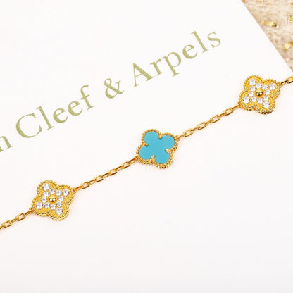 [Mystic Crown]CLOVER 5 MOTIF TURQUOISE DIAMOND GOLD BRACELET