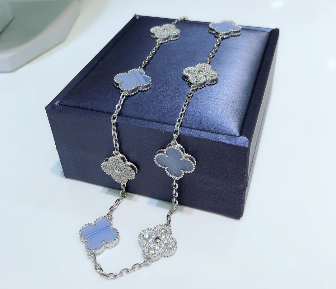 [Mystic Crown]CLOVER 10 MOTIFS CHALCEDONY DIAMONDS SILVER NECKLACE