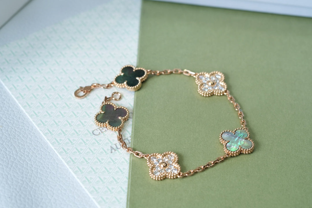 [Mystic Crown]CLOVER 5 MOTIFS DARK MOP AND DIAMONDS PINK GOLD BRACELET