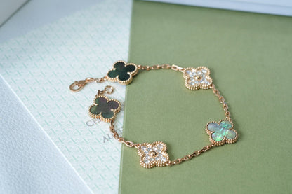 [Mystic Crown]CLOVER 5 MOTIFS DARK MOP AND DIAMONDS PINK GOLD BRACELET